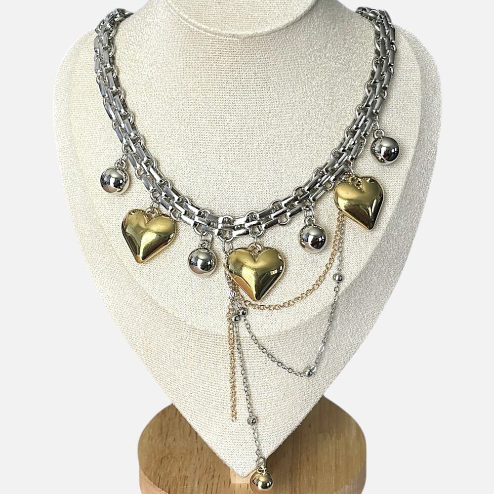 Two-Tone Layered Heart Charm Statement Necklace